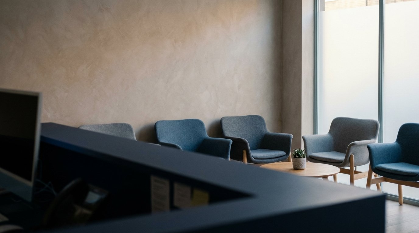 When the First Antibiotic for Your Ear Infection Has Not Worked, and a Long-Haul Flight Is Coming 6 Calm interior of a Palmers Green private GP clinic, navy and teal accents, late afternoon light