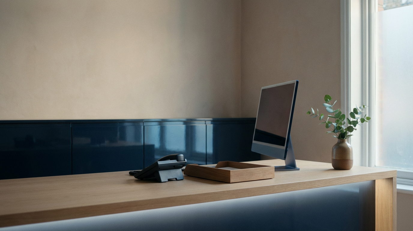 Calm waiting area at a North London private GP clinic, navy and teal accents, late afternoon