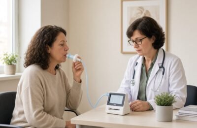 Patient performing spirometry with a GP watching.