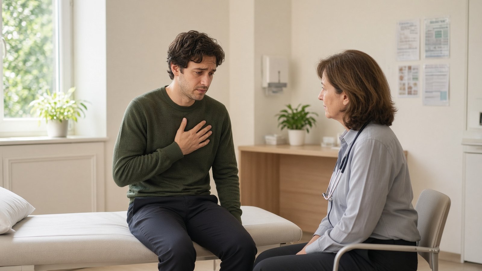 Young man on an examination couch with a hand on his chest, GP sitting opposite.