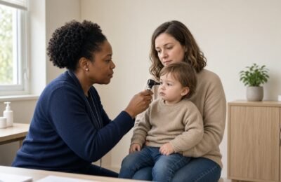 GP examining a toddler’s ear on a parent’s lap.