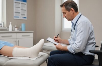 A freshly bandaged foot on a clinic couch, GP writing notes nearby.