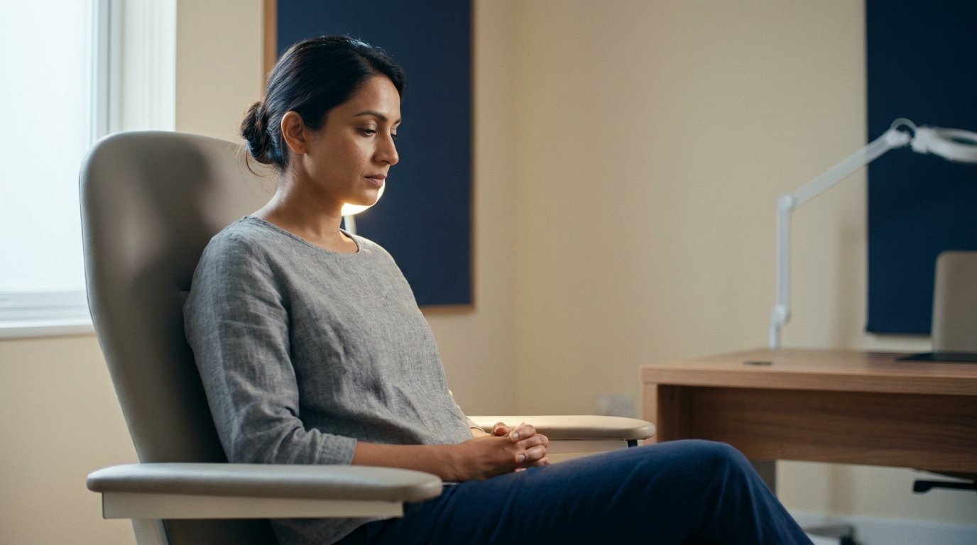 Calm consulting room set up for an adolescent mental health appointment, soft window light, no clutter