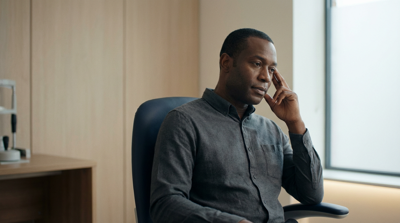 Father and adolescent in private GP clinic discussing referral options, GP making notes