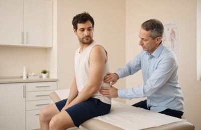 GP examining a man’s flank on an examination couch after the gym.