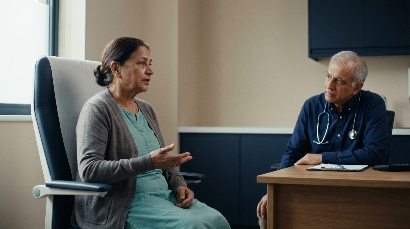 Older patient holding an inhaler, a private GP in the background reviewing the case