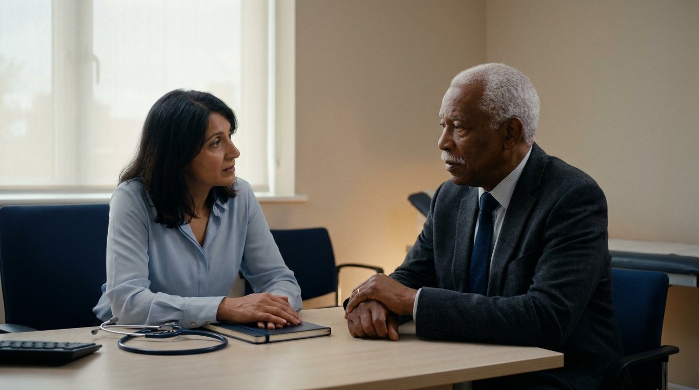 Older patient with daughter exiting a private GP clinic in North London, holding paperwork
