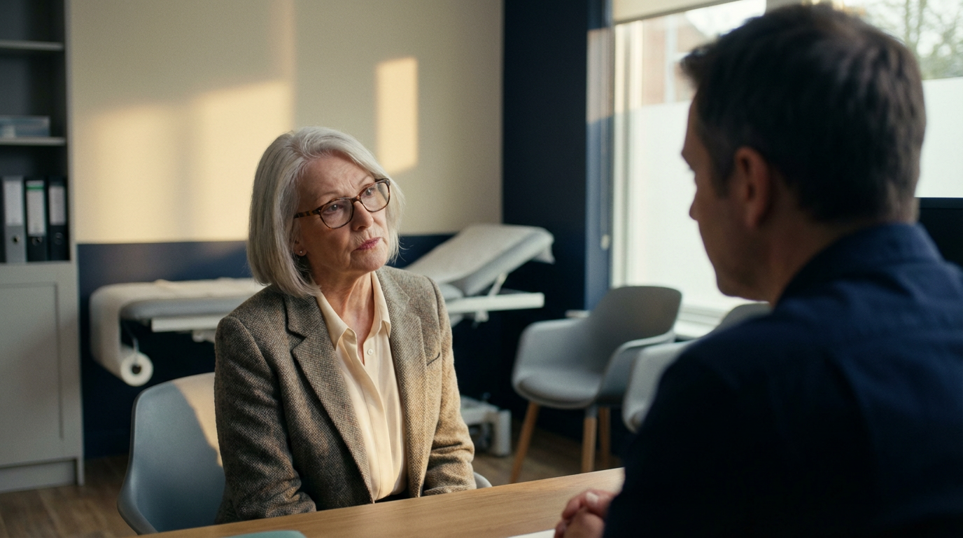 When the Antibiotic Was Never Going to Be Enough 5 Older patient on cancer treatment receiving safety-netting advice from a GP, calm focused atmosphere