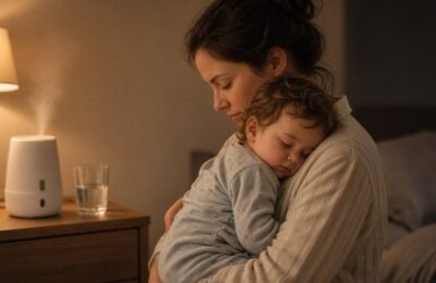 Parent holding a toddler at night in a softly lit bedroom.
