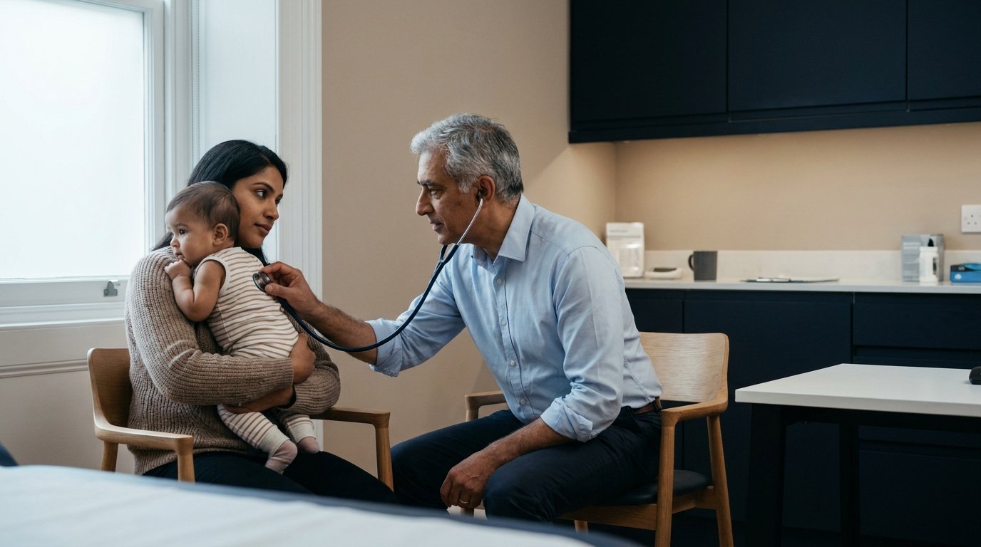 Teenage patient seated calmly in a consulting room, working through a structured screening tool with a parent in the room