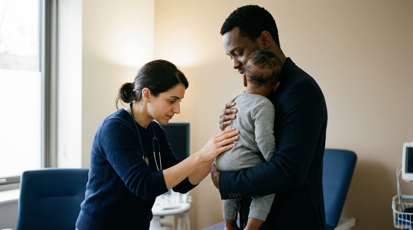 Calm paediatric consulting room with a child being examined by a GP, parent in attendance