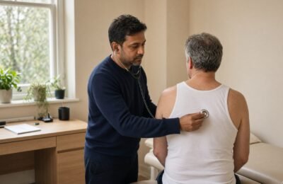 GP listening to a patient’s chest.