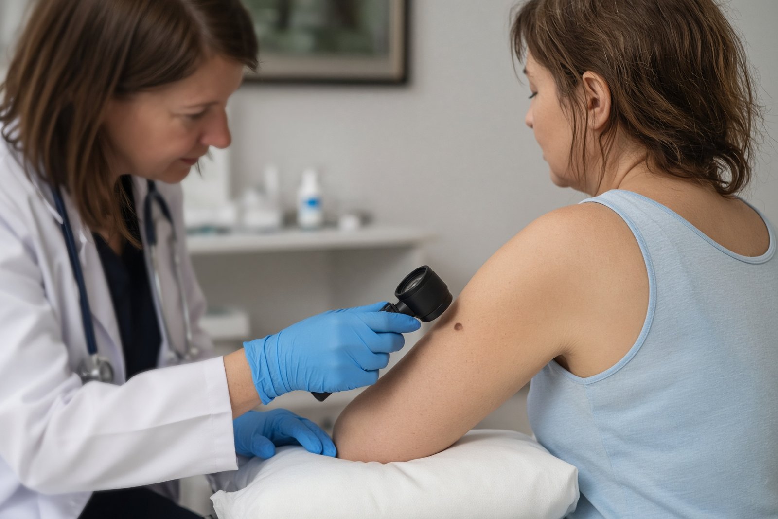 GP examining a patient’s skin with a dermatoscope.