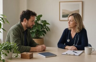 GP listening to a man across a desk.