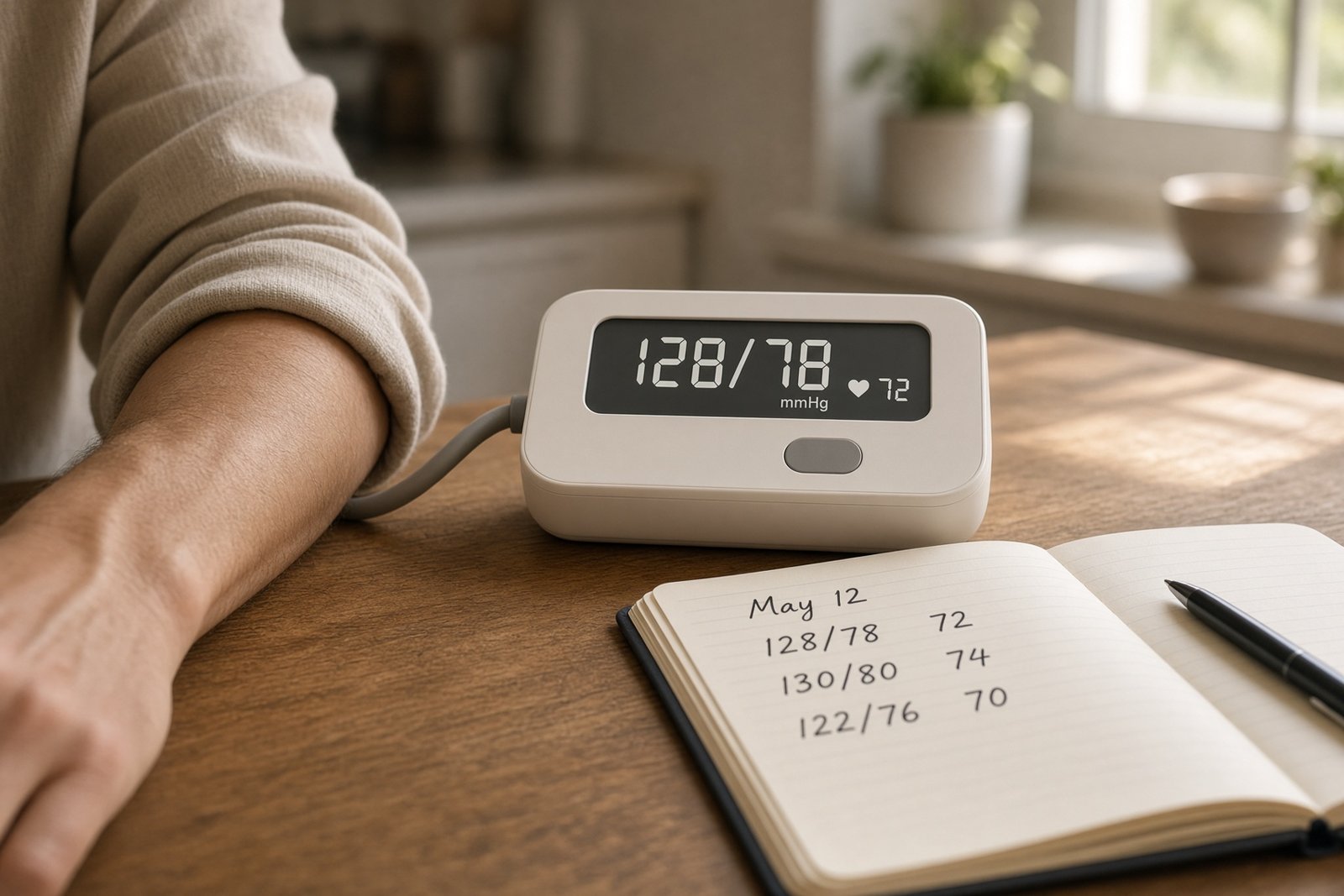 Wrist and a home blood-pressure monitor on a kitchen table with a notebook of readings.