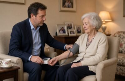 GP taking blood pressure for an older woman in her armchair.
