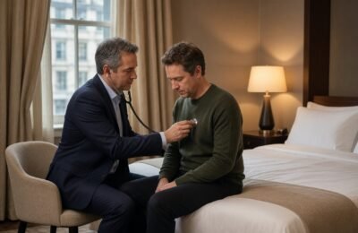 GP examining a guest sitting on a hotel bed.