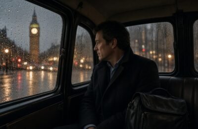 Doctor in a cab at night with a medical bag.