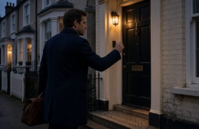 Doctor in a navy coat with a leather bag at a Victorian front door at dusk.