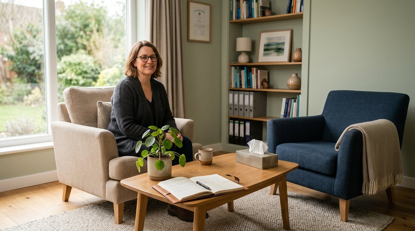 A person seated in an armchair in a quiet consulting room