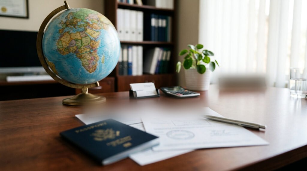 A globe, a passport and immigration health assessment paperwork on a doctor's desk