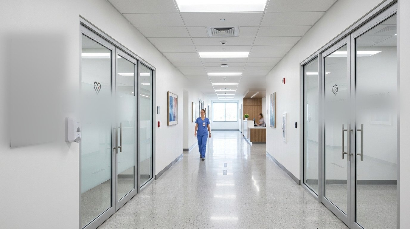 A quiet clinic corridor with consulting room doors