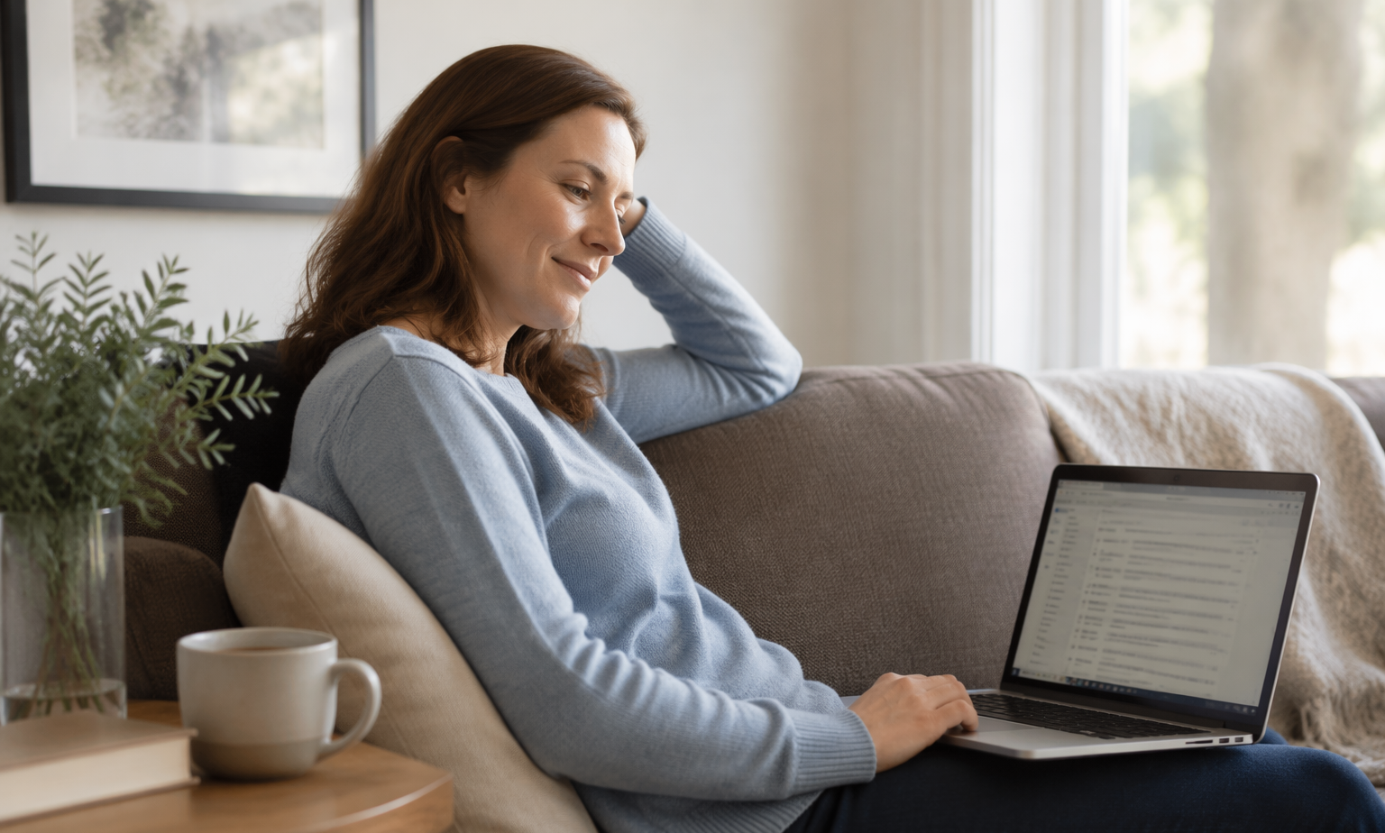 Patient at home reading an email from the clinic on a laptop