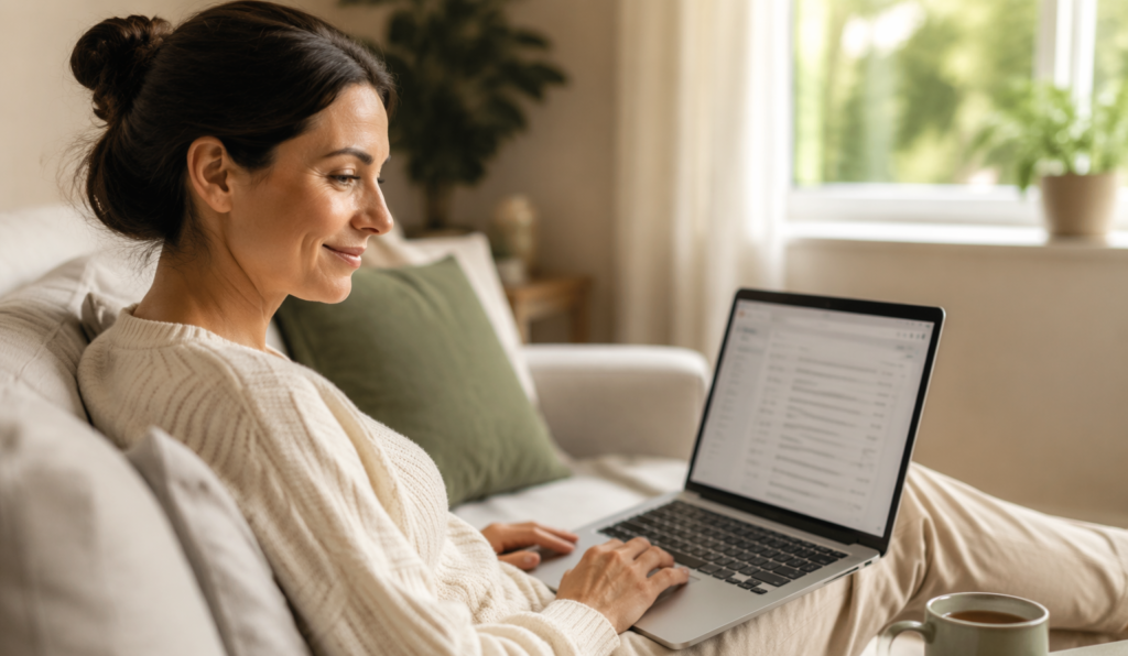 Woman at home on a sofa reading an email on her laptop, looking relieved, with a mug of tea beside her