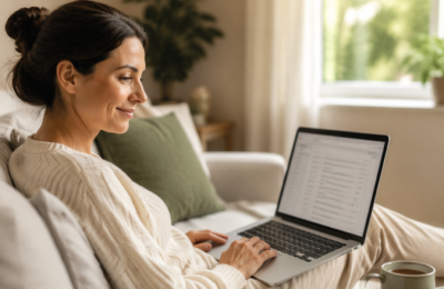 Woman at home on a sofa reading an email on her laptop, looking relieved, with a mug of tea beside her