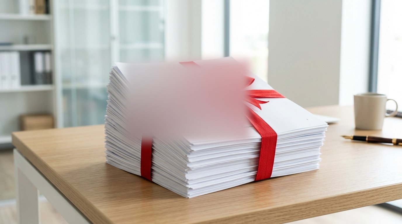 A stack of completed medical reports tied with ribbon