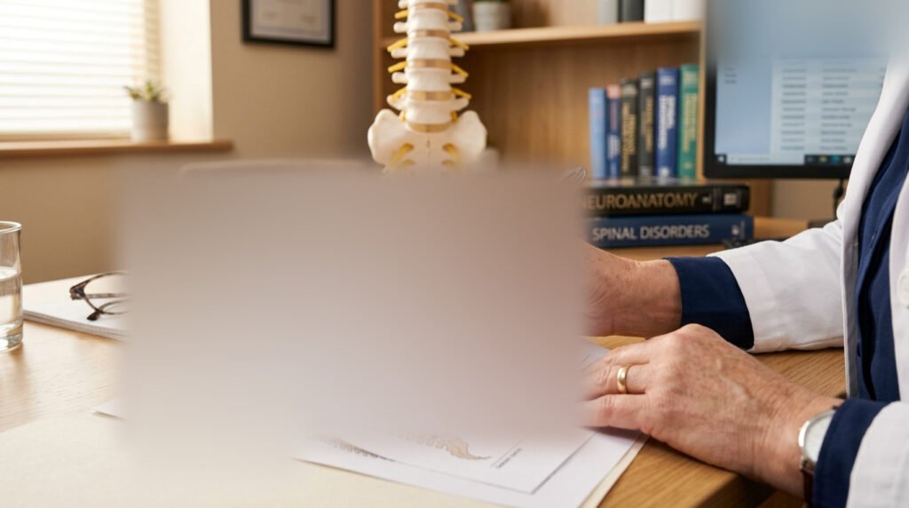 A doctor reviewing a medical report with a pen in hand