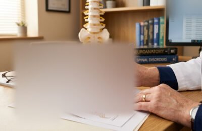 A doctor reviewing a medical report with a pen in hand