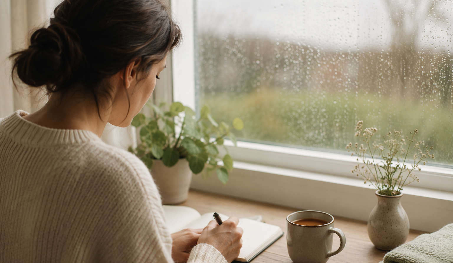 Journaling by a window with a cup of tea