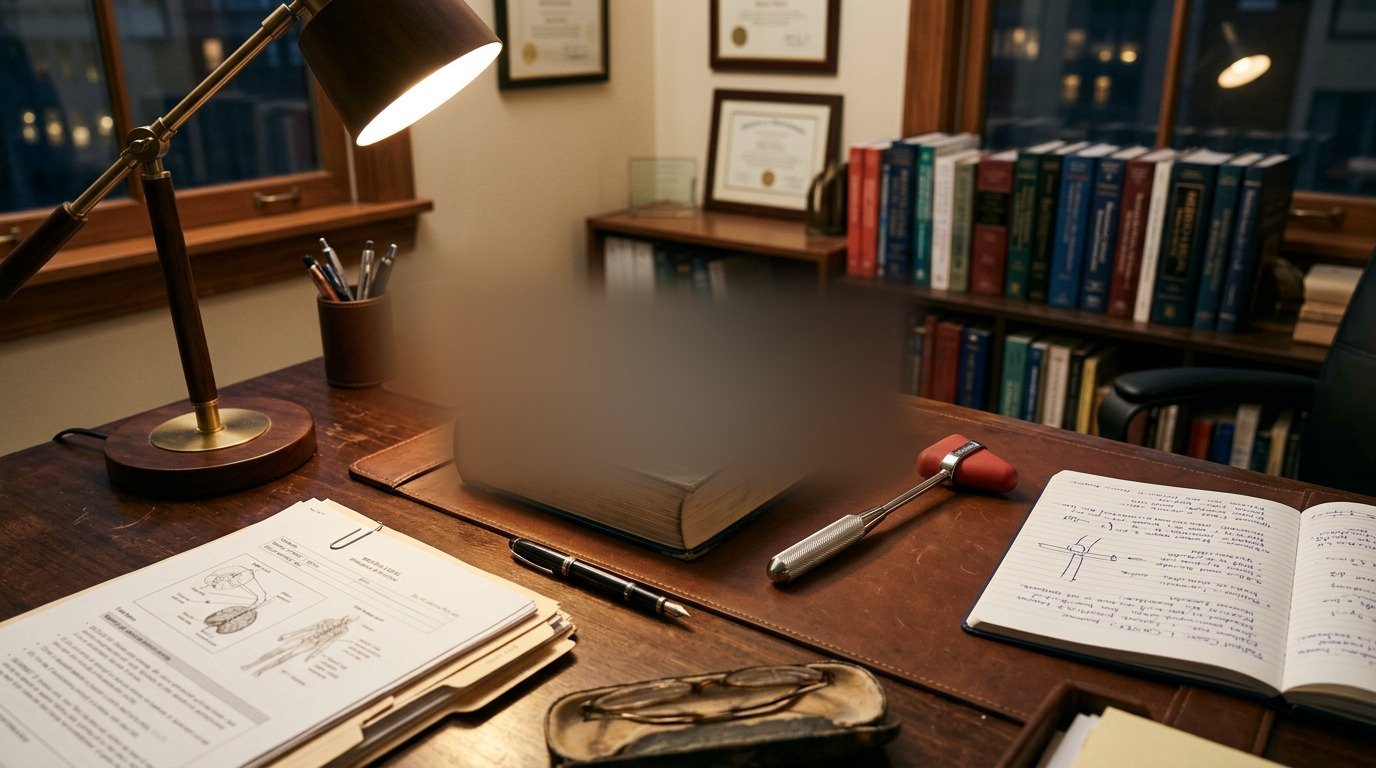 A practitioner's desk with a medical textbook and paperwork