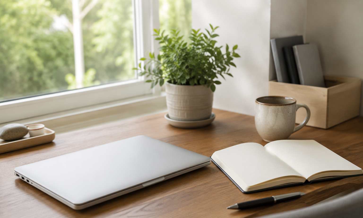 A calm home workspace prepared for a video consultation