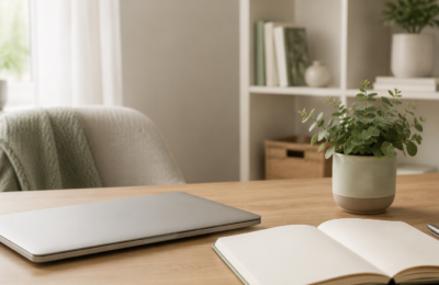 Calm tidy home workspace with a closed laptop, an open notebook and a small potted plant in soft daylight