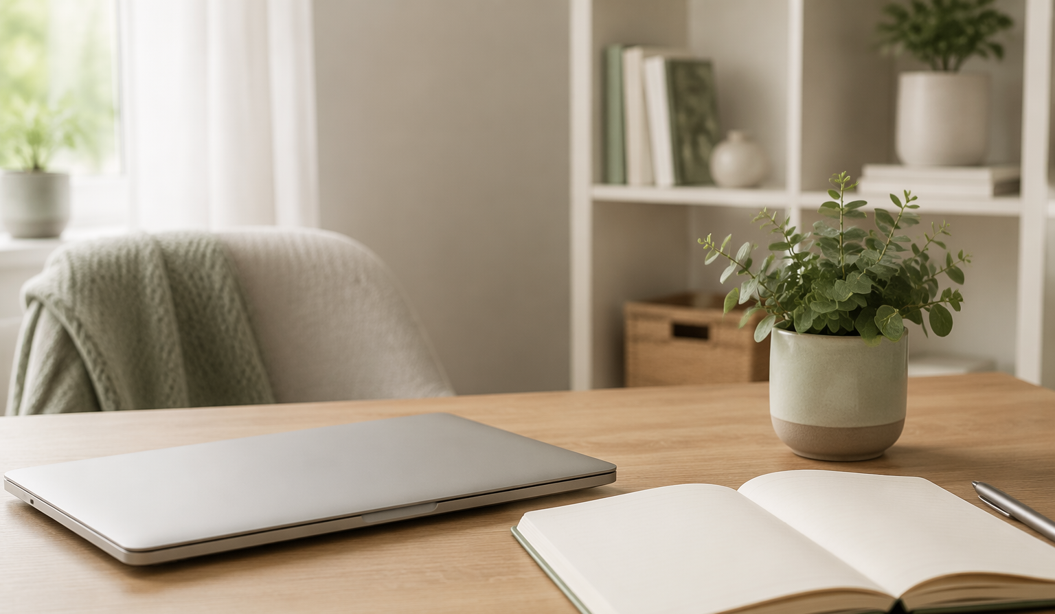 Calm tidy home workspace with a closed laptop, an open notebook and a small potted plant in soft daylight