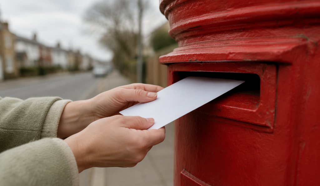 Hands placing a sealed white envelope into a red British post box