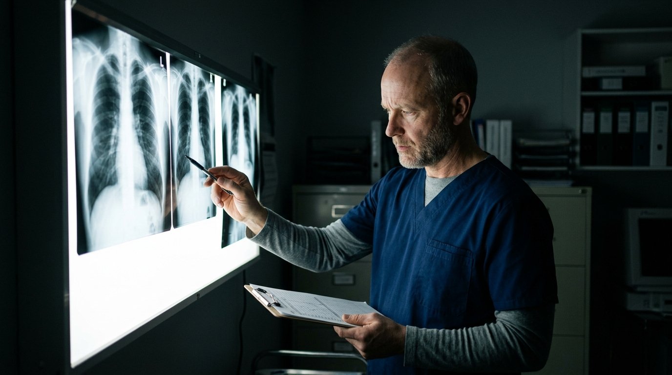 A specialist reviewing imaging against the light