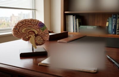 An anatomical brain model beside a written report on a desk