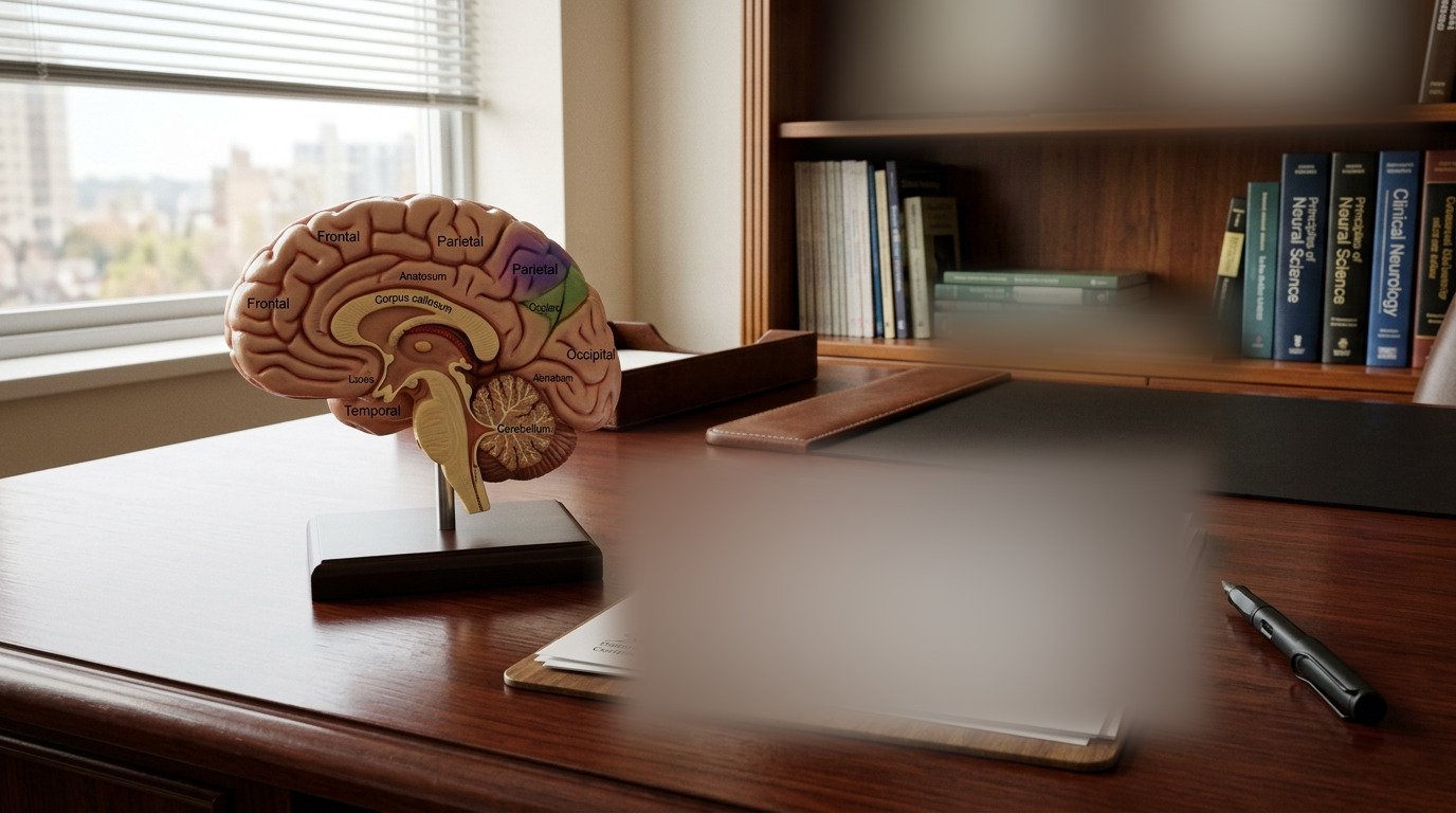 An anatomical brain model beside a written report on a desk