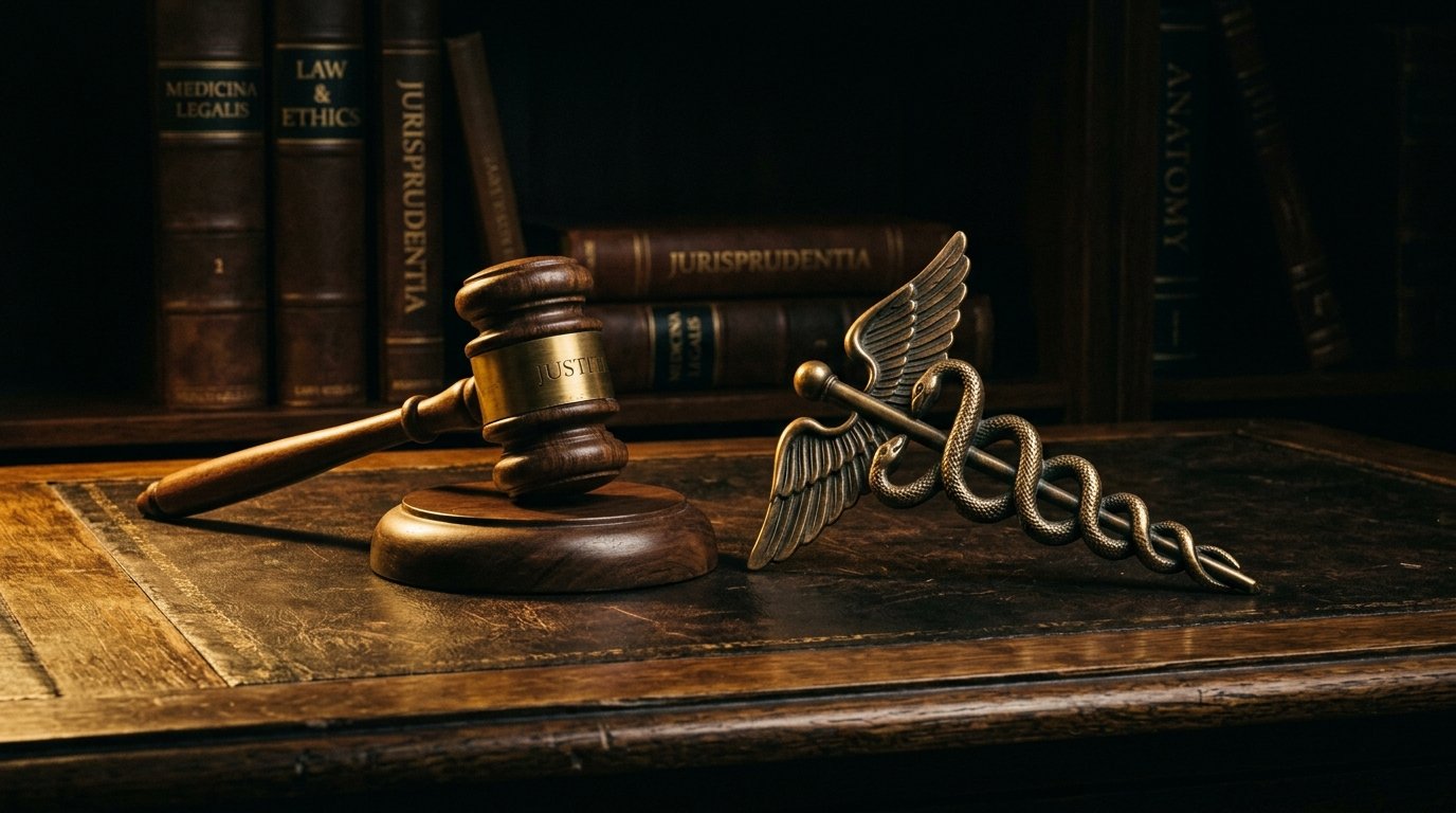 Law and medicine symbols on a desk beside legal textbooks