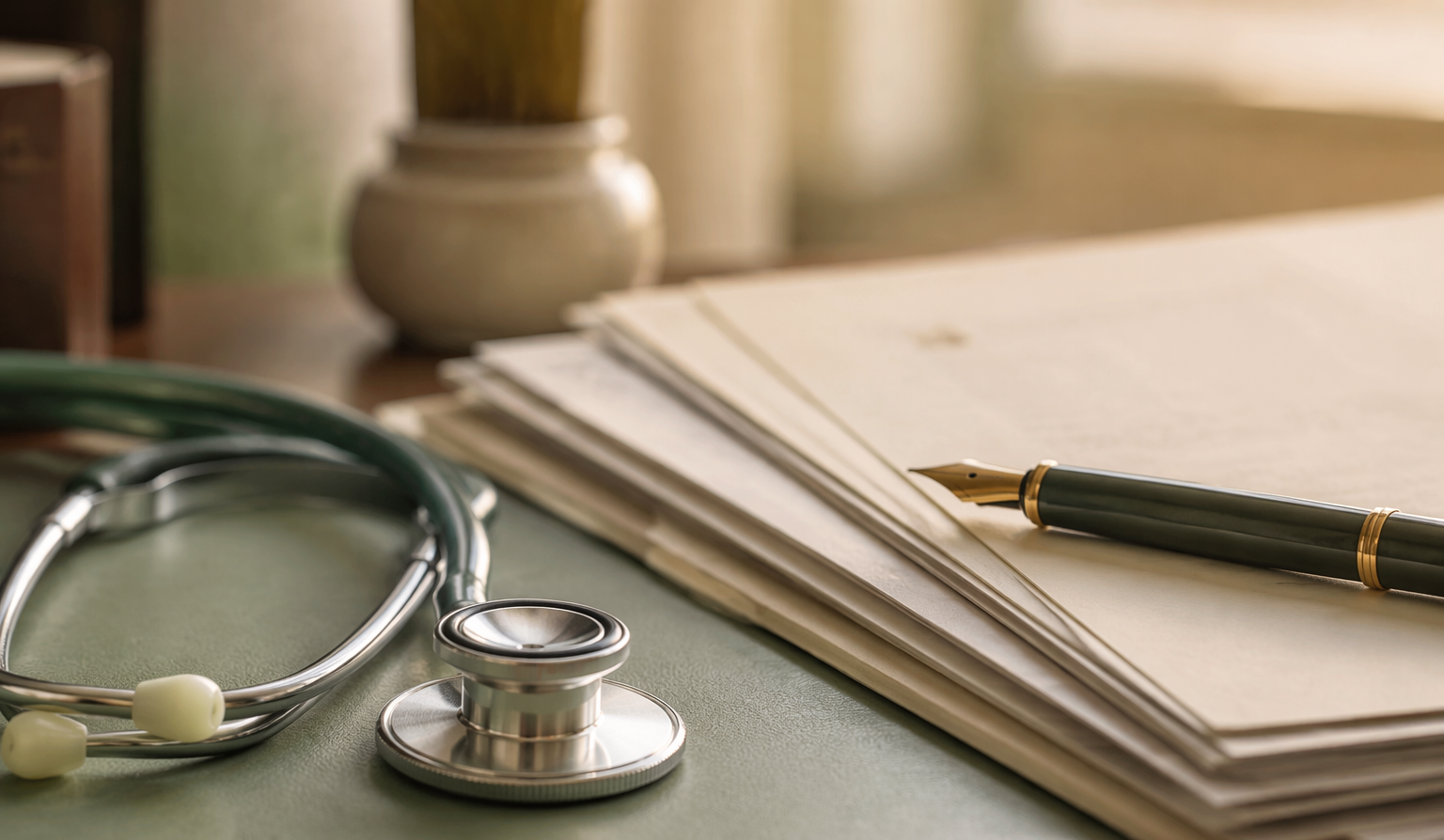 Stethoscope beside medical letters on a GP desk