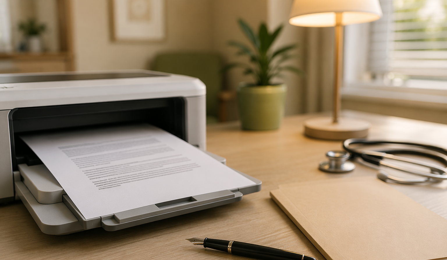 Freshly printed medical letter on a GP desk printer tray with a fountain pen and folder beside it