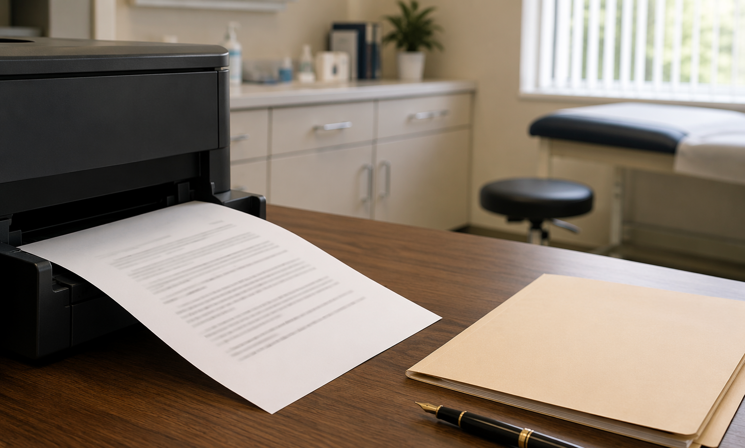 A printed GP medical report fresh from the printer
