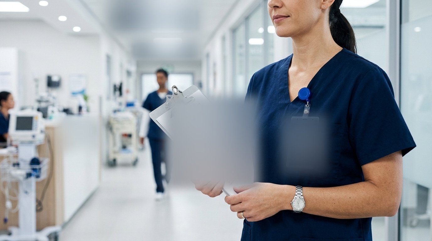 A clinician carrying a specialist report on a clipboard