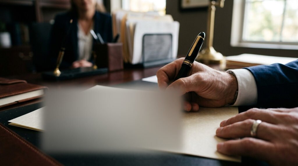 A formal medical assessment being signed at a desk