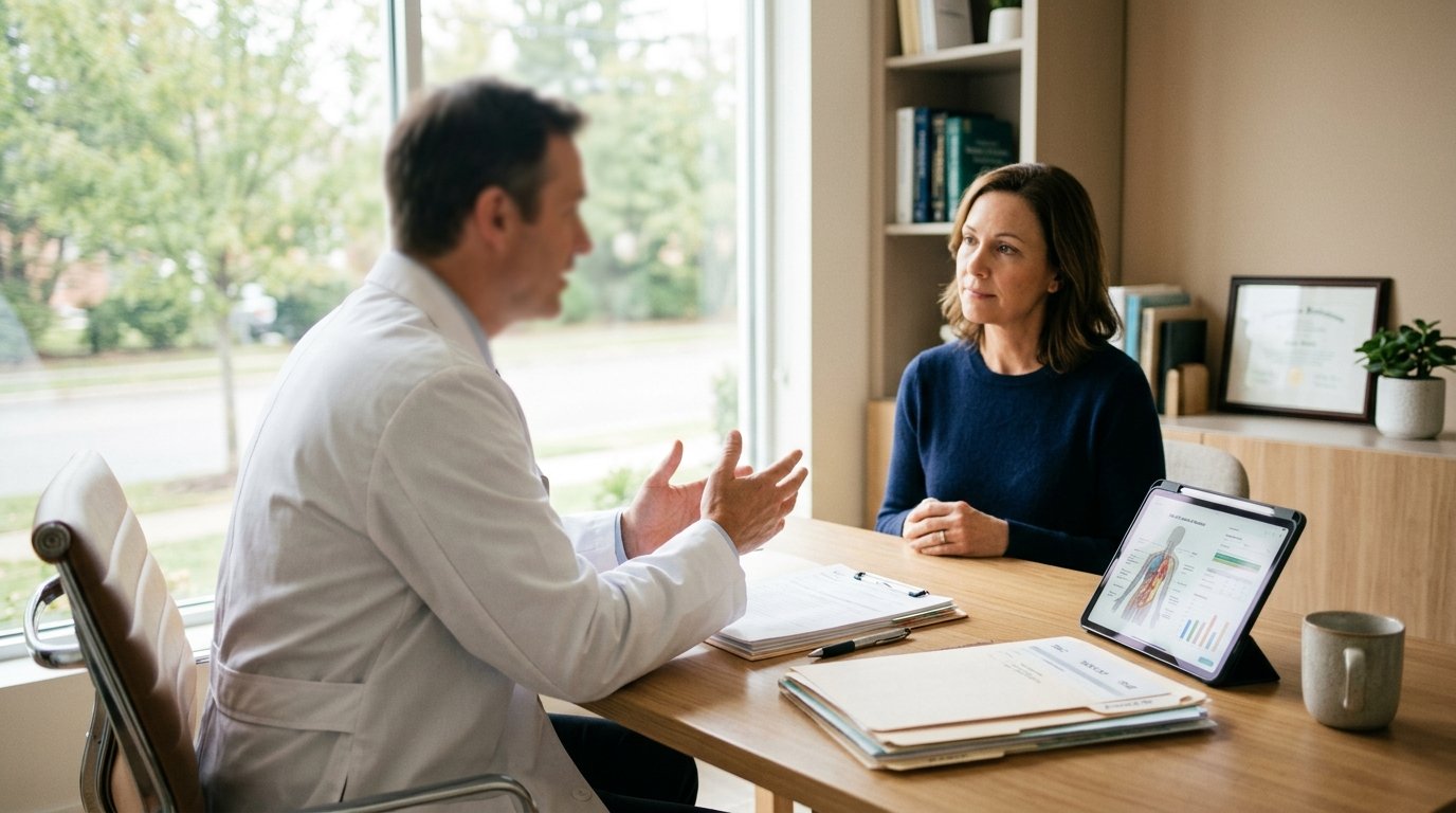 A doctor discussing a report with the person being assessed