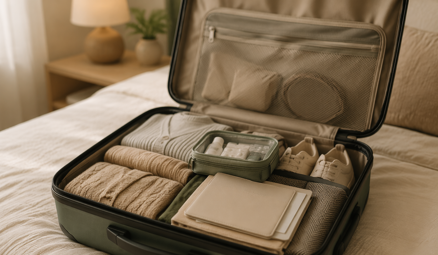 Packed suitcase with travel documents and medicines pouch