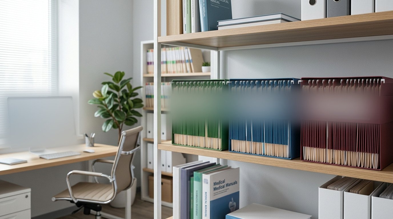Colour coded case files on a shelf in a medico legal office